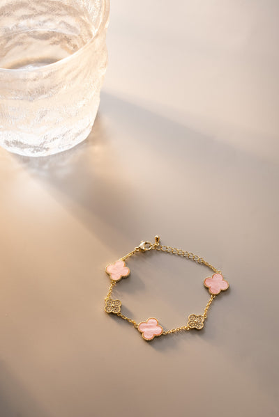 Luxury 4 Clover Bracelet Baby Pink Inspiration Van with Inlaid Stones
