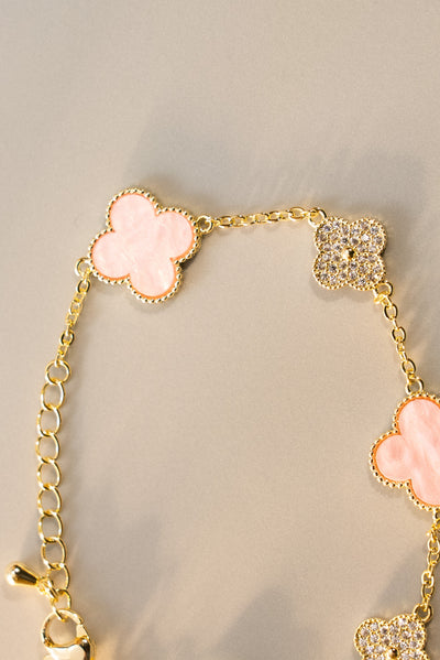 Luxury 4 Clover Bracelet Baby Pink Inspiration Van with Inlaid Stones