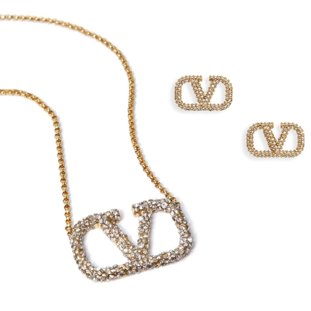 Necklace and Earring Set Inspired by V with Pavé Setting